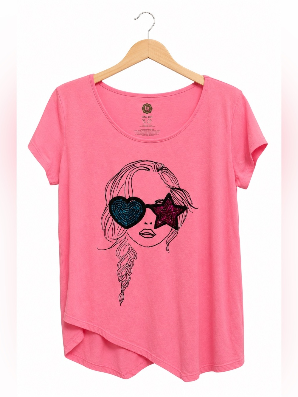 Total Girl Pink Sequin Sunglasses Graphic Tee Girls XL 18½ Plus Asymmetrical Hem
